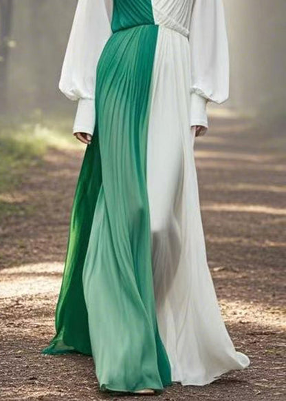 Elegant Asymmetrical Wrinkled Patchwork Chiffon Long Dress Spring