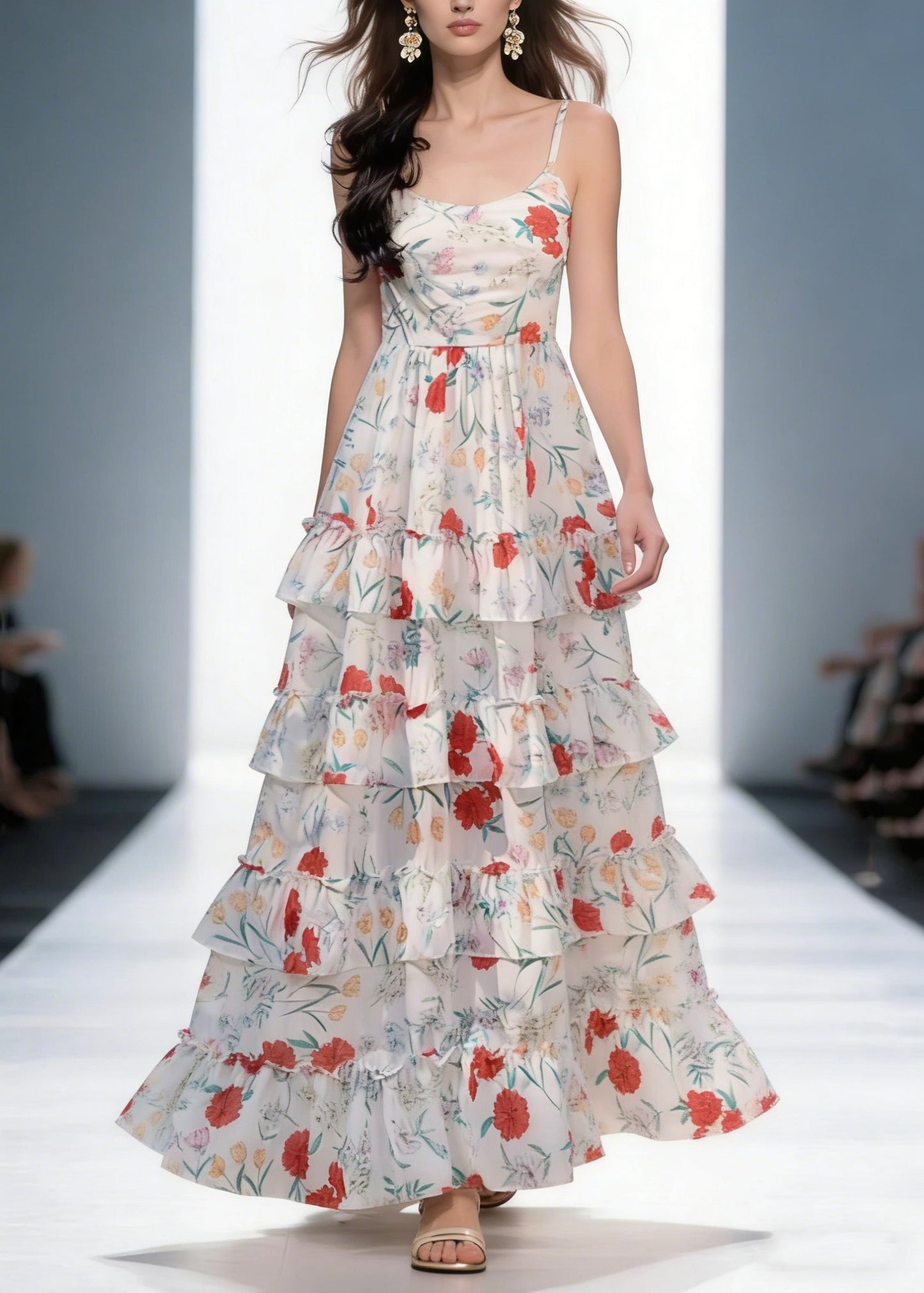 Elegant Backless Print Ruffled Cotton Spaghetti Strap Dress Sleeveless