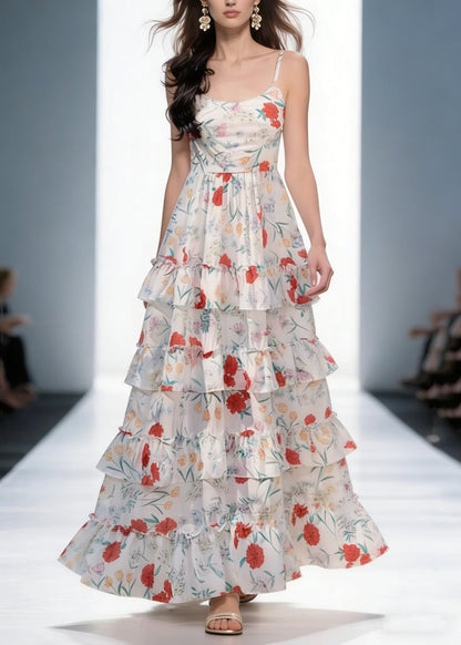 Elegant Backless Print Ruffled Cotton Spaghetti Strap Dress Sleeveless