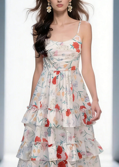 Elegant Backless Print Ruffled Cotton Spaghetti Strap Dress Sleeveless