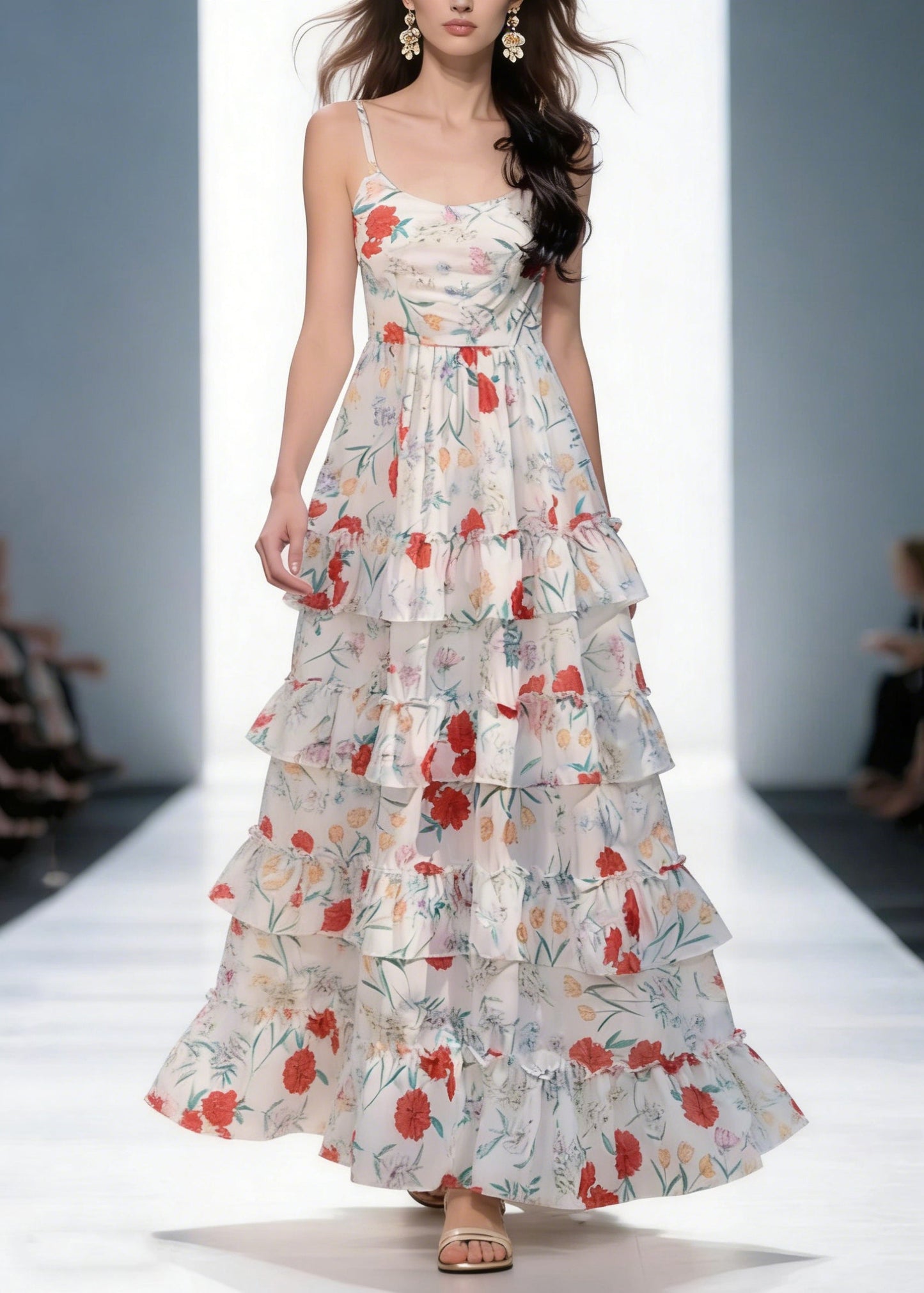 Elegant Backless Print Ruffled Cotton Spaghetti Strap Dress Sleeveless