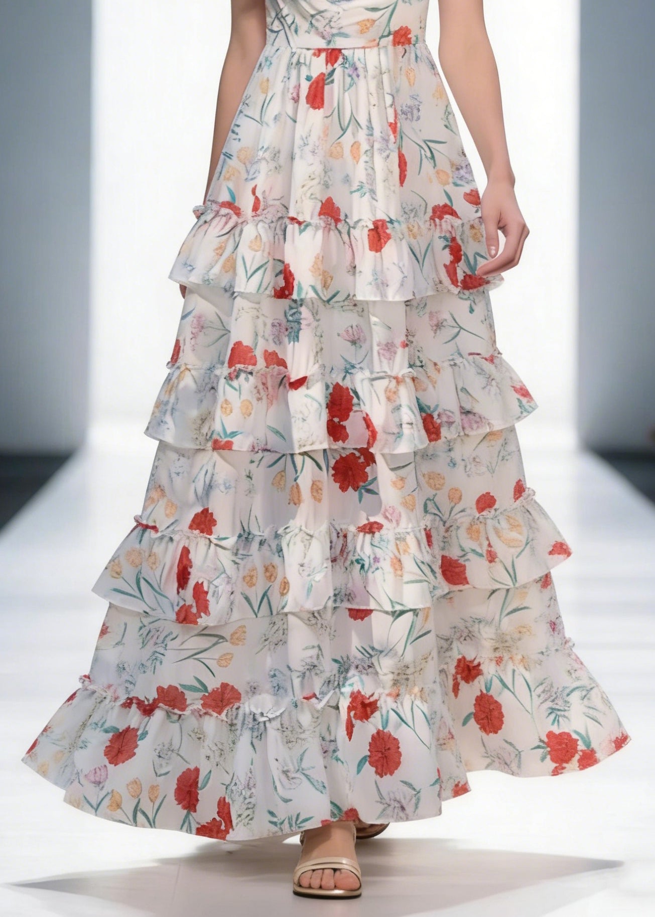 Elegant Backless Print Ruffled Cotton Spaghetti Strap Dress Sleeveless