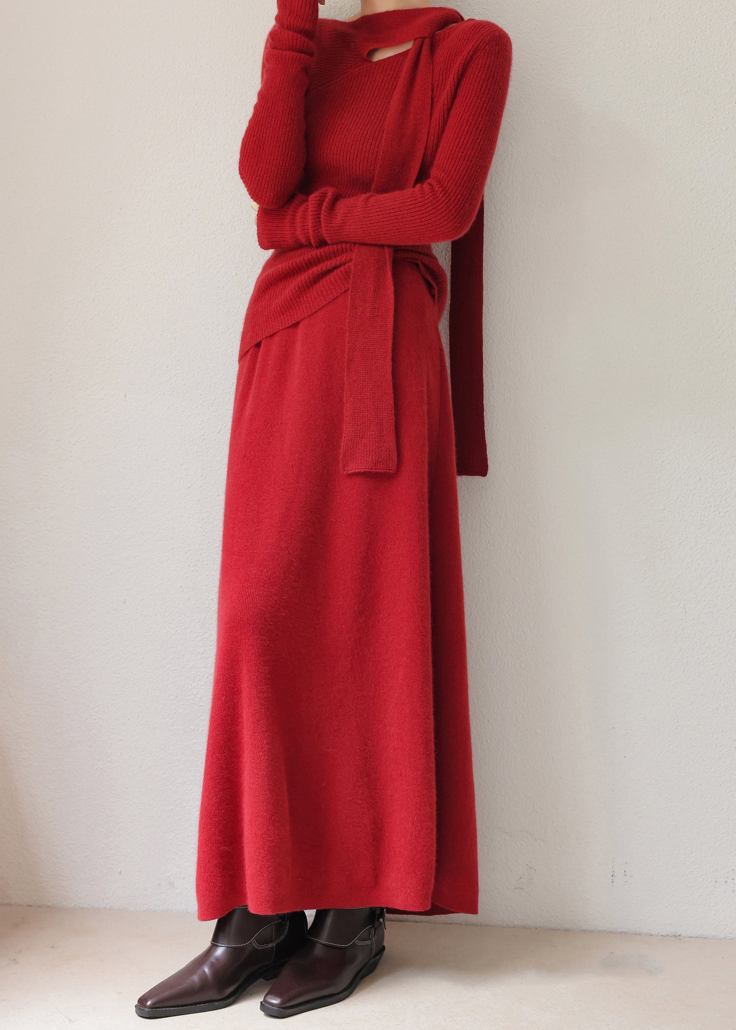 Elegant Beige Asymmetrical Cotton Knit Sweaters And MaxiSkirts Two Pieces Sets Spring