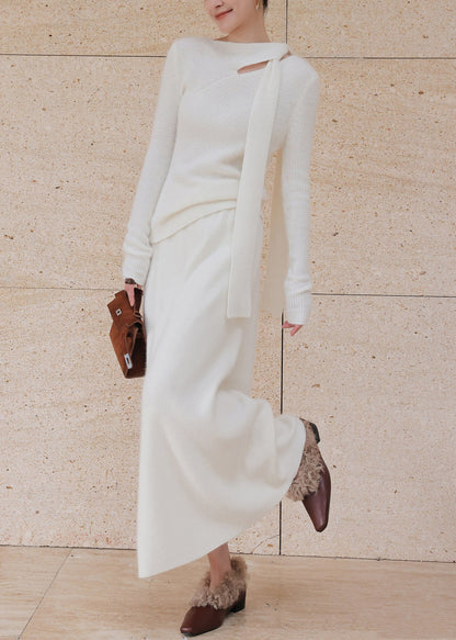 Elegant Beige Asymmetrical Cotton Knit Sweaters And MaxiSkirts Two Pieces Sets Spring