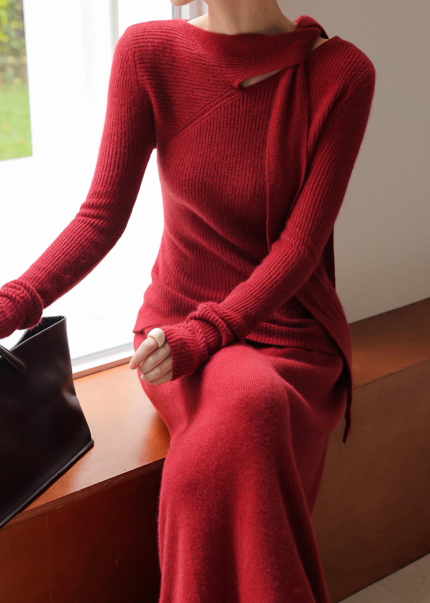 Elegant Beige Asymmetrical Cotton Knit Sweaters And MaxiSkirts Two Pieces Sets Spring