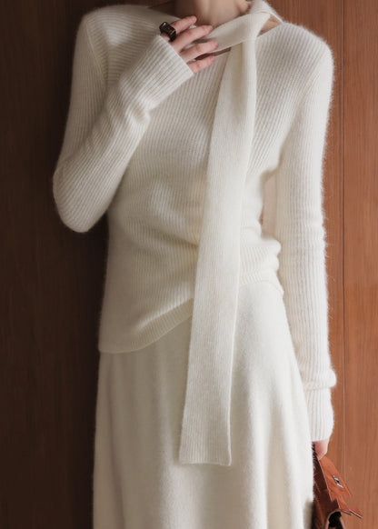 Elegant Beige Asymmetrical Cotton Knit Sweaters And MaxiSkirts Two Pieces Sets Spring