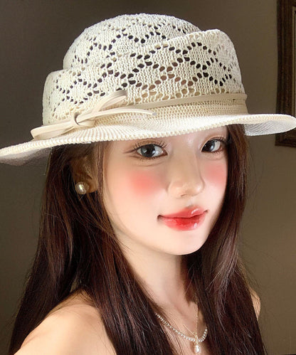 Elegant Beige Bow Hollow Out Straw Woven Cloche Hat