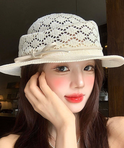 Elegant Beige Bow Hollow Out Straw Woven Cloche Hat