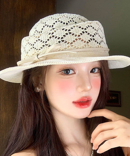 Elegant Beige Bow Hollow Out Straw Woven Cloche Hat