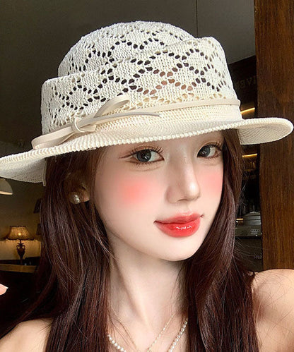 Elegant Beige Bow Hollow Out Straw Woven Cloche Hat