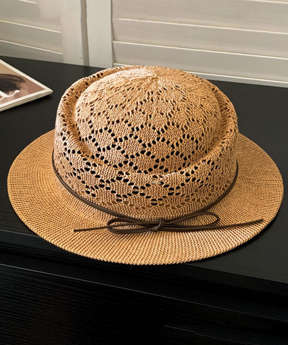 Elegant Beige Bow Hollow Out Straw Woven Cloche Hat