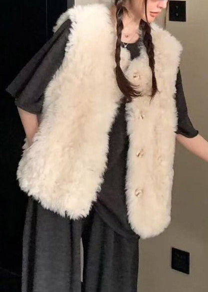 Elegant Beige Button Faux Fur Waistcoat Sleeveless