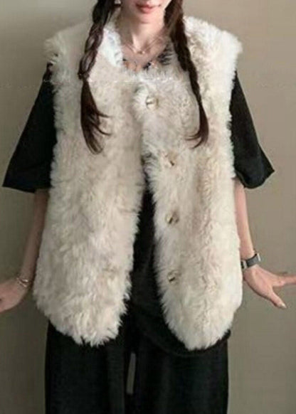 Elegant Beige Button Faux Fur Waistcoat Sleeveless
