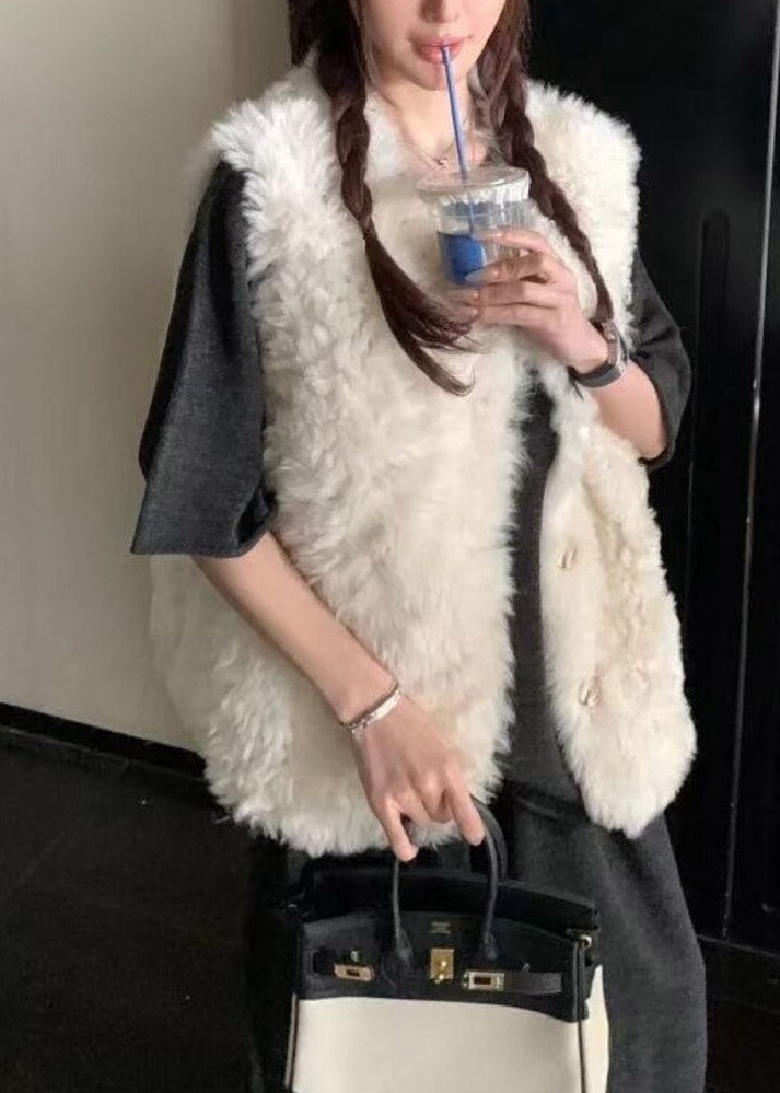 Elegant Beige Button Faux Fur Waistcoat Sleeveless