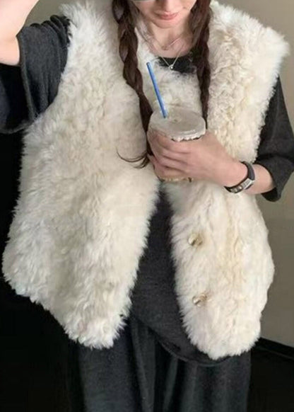 Elegant Beige Button Faux Fur Waistcoat Sleeveless