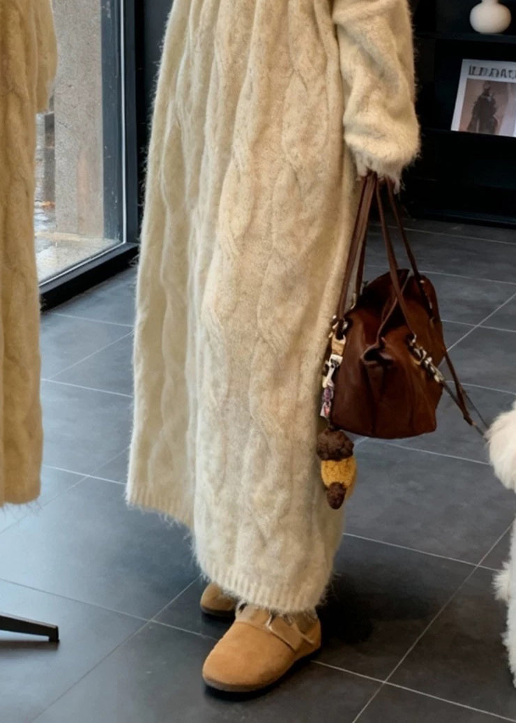 Elegant Beige Cold Shoulder Cable Knit Dress Spring