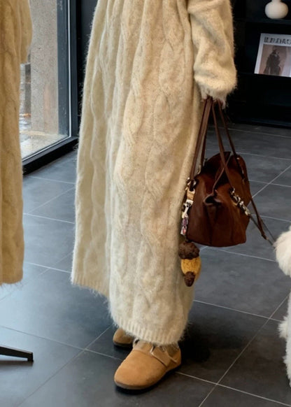 Elegant Beige Cold Shoulder Cable Knit Dress Spring