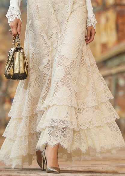 Elegant Beige Elastic Waist Lace Maxi Skirt Spring