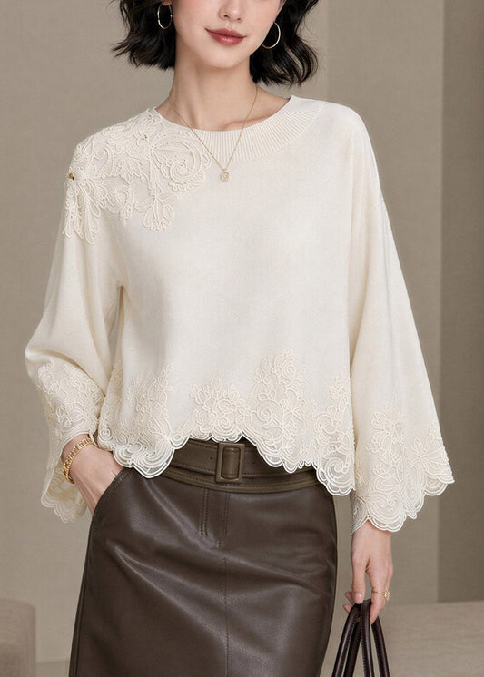 Elegant Beige Embroidered Lace Patchwork Tops Fall