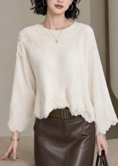 Elegant Beige Embroidered Lace Patchwork Tops Fall
