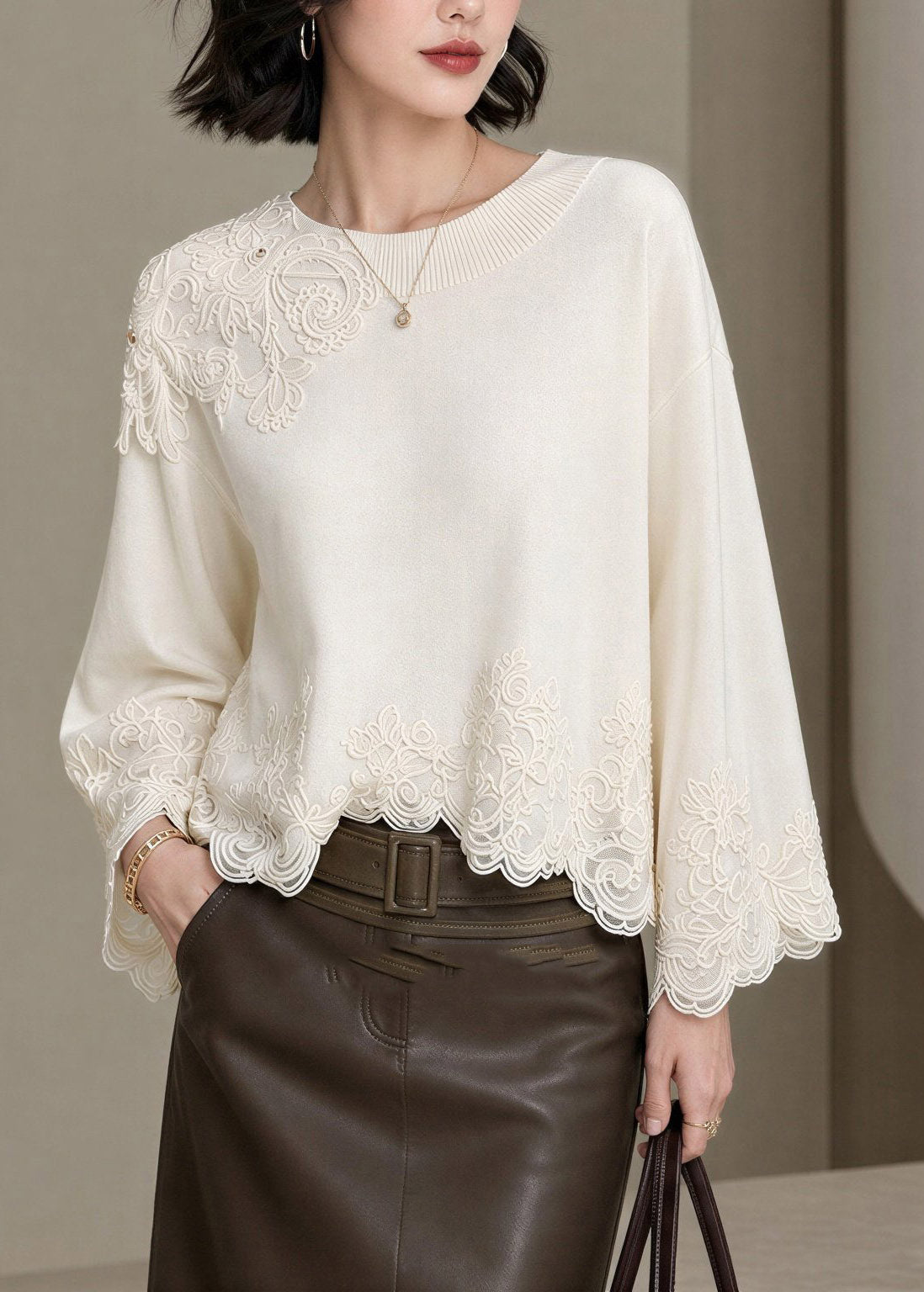 Elegant Beige Embroidered Lace Patchwork Tops Fall