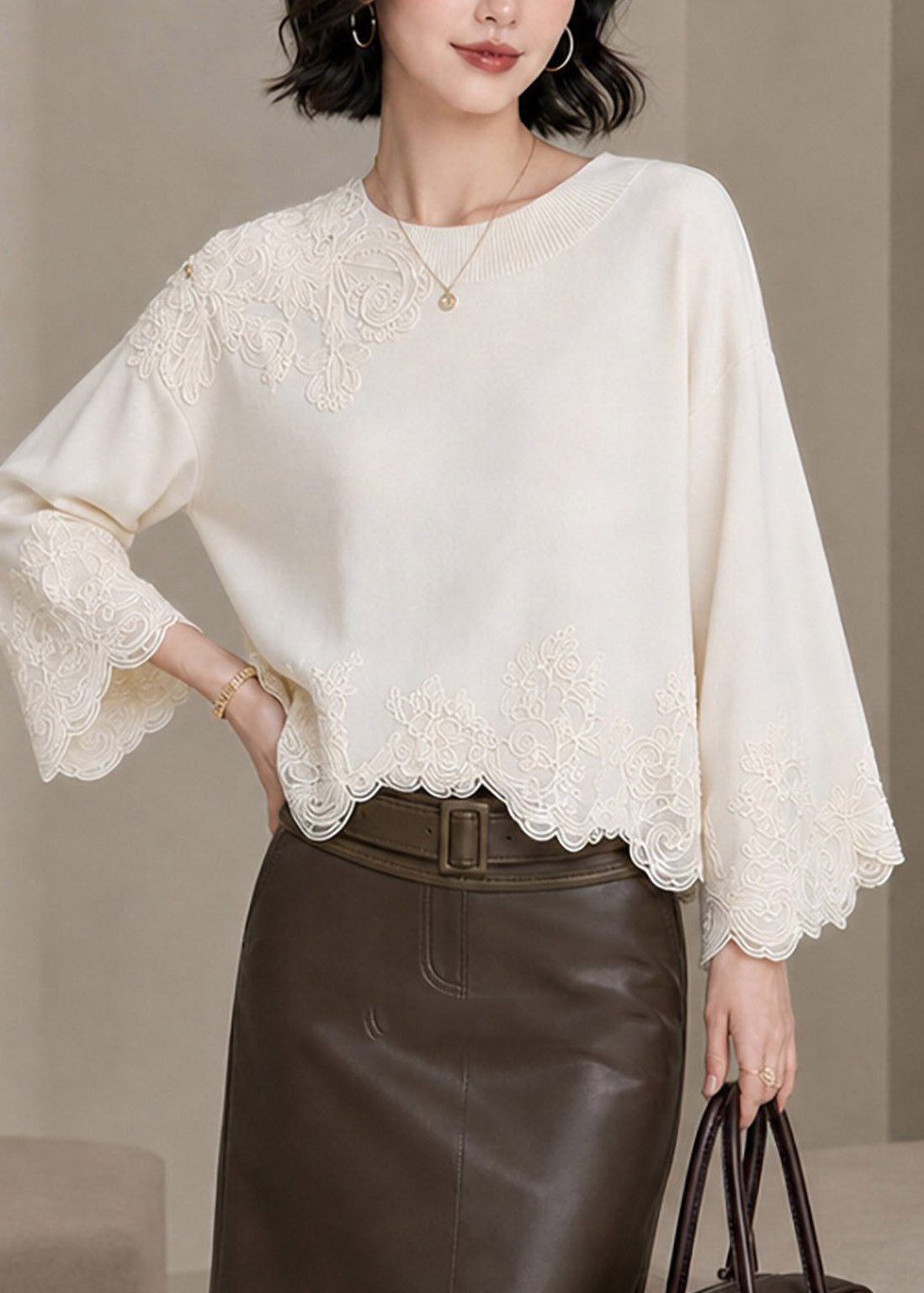 Elegant Beige Embroidered Lace Patchwork Tops Fall