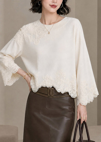 Elegant Beige Embroidered Lace Patchwork Tops Fall