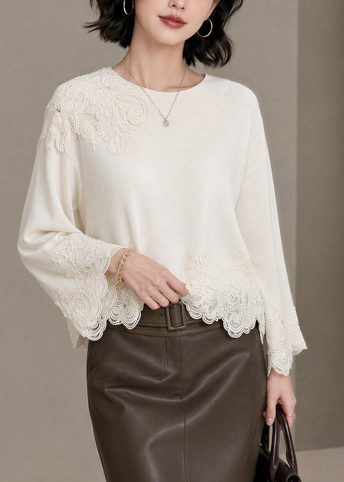 Elegant Beige Embroidered Lace Patchwork Tops Fall