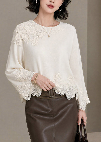 Elegant Beige Embroidered Lace Patchwork Tops Fall