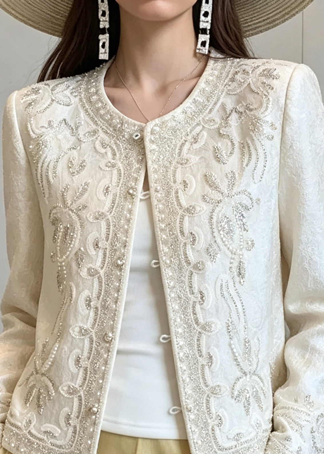 Elegant Beige Embroidered Nail Bead Coats Long Sleeve