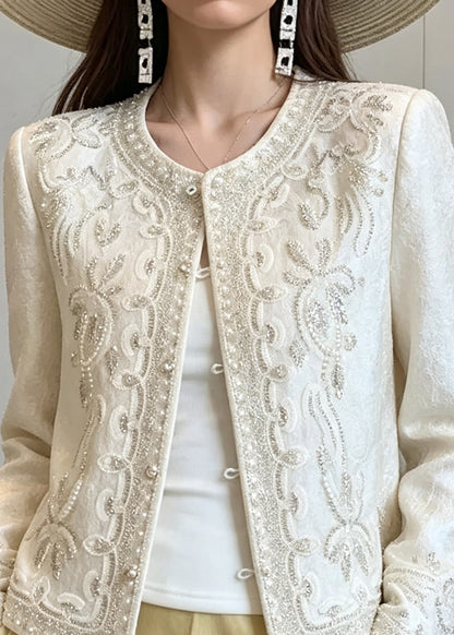 Elegant Beige Embroidered Nail Bead Coats Long Sleeve