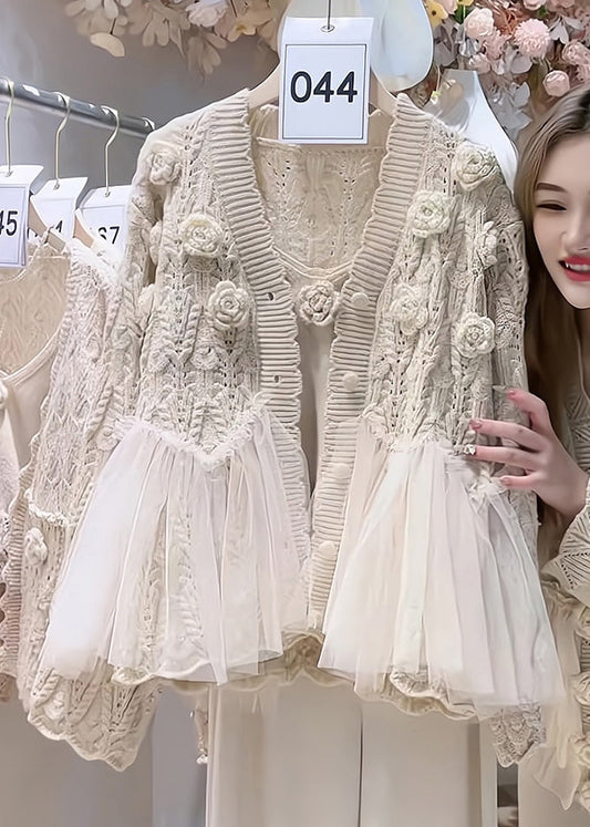 Elegant Beige Flower Tulle Patchwork Knit Cardigan Two Piece Set Spring