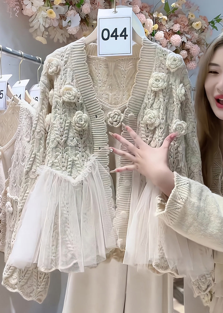 Elegant Beige Flower Tulle Patchwork Knit Cardigan Two Piece Set Spring