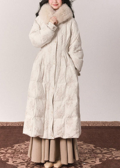 Elegant Beige Fur Collar Print Button Tunic Maxi Down Jackets Winter