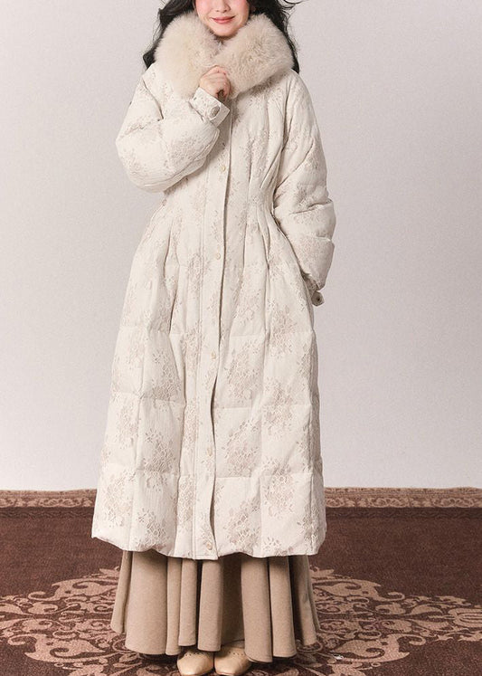 Elegant Beige Fur Collar Print Button Tunic Maxi Down Jackets Winter