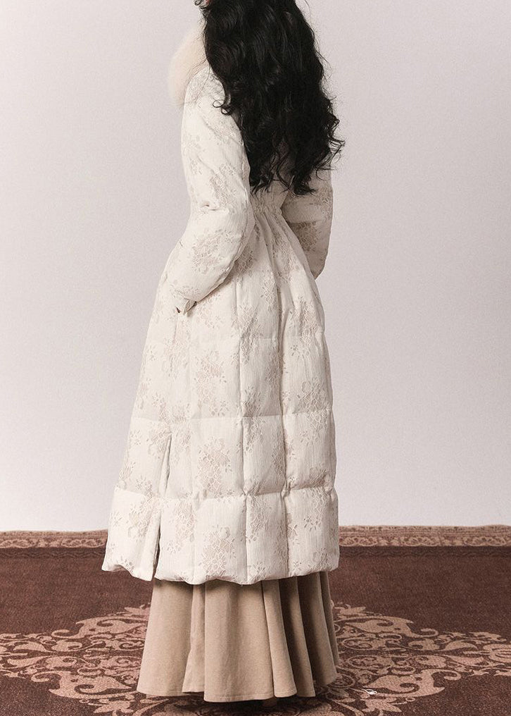 Elegant Beige Fur Collar Print Button Tunic Maxi Down Jackets Winter