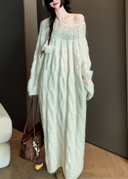 Elegant Beige Hollow Out Long Cable Knit Dress Spring