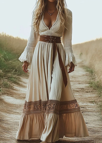Elegant Beige Hollow Out Tunic Maxi Dress Summer
