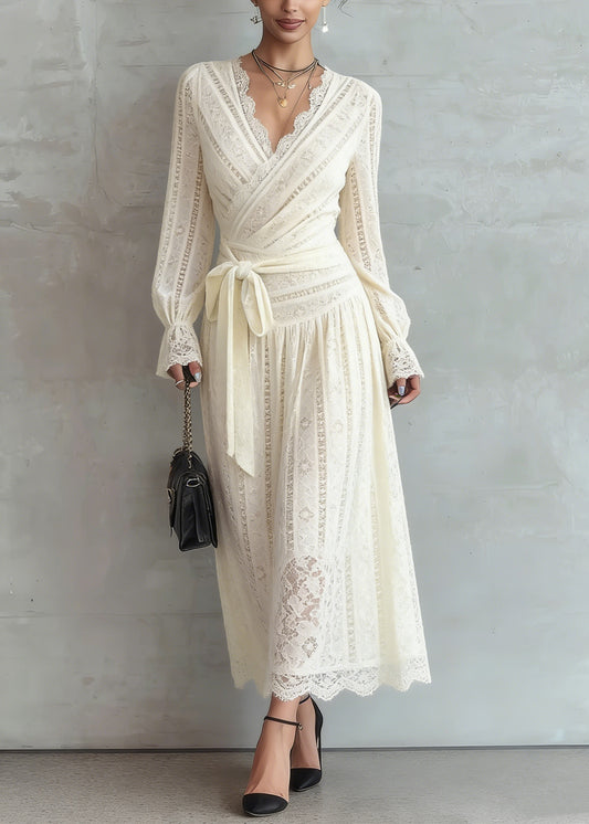Elegant Beige Lace Tie Waist Warm Fleece Long Dress Spring