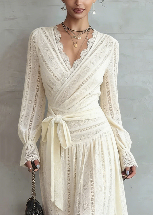 Elegant Beige Lace Tie Waist Warm Fleece Long Dress Spring