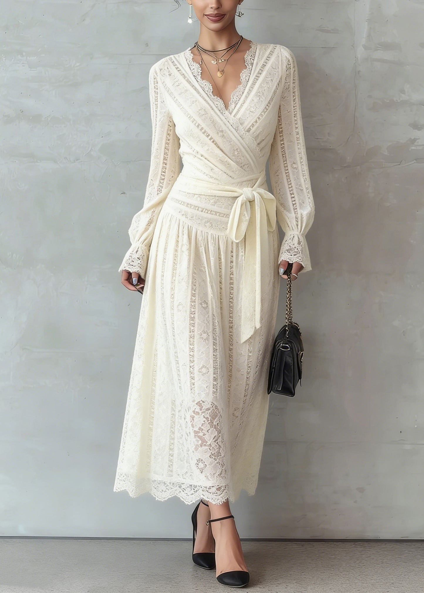 Elegant Beige Lace Tie Waist Warm Fleece Long Dress Spring
