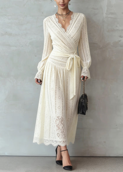 Elegant Beige Lace Tie Waist Warm Fleece Long Dress Spring