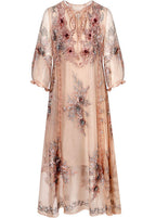 Elegant Beige Lace Up Jacquard Silk Holiday Dress Long Sleeve