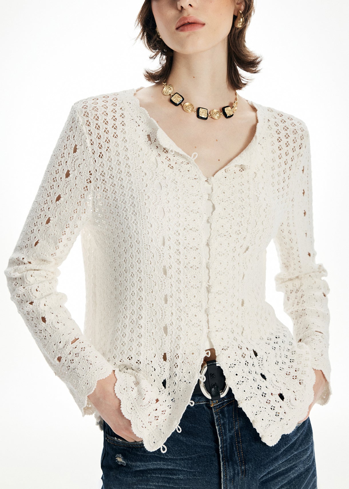 Elegant Beige O Neck Hollow Out Knit Cardigan Fall
