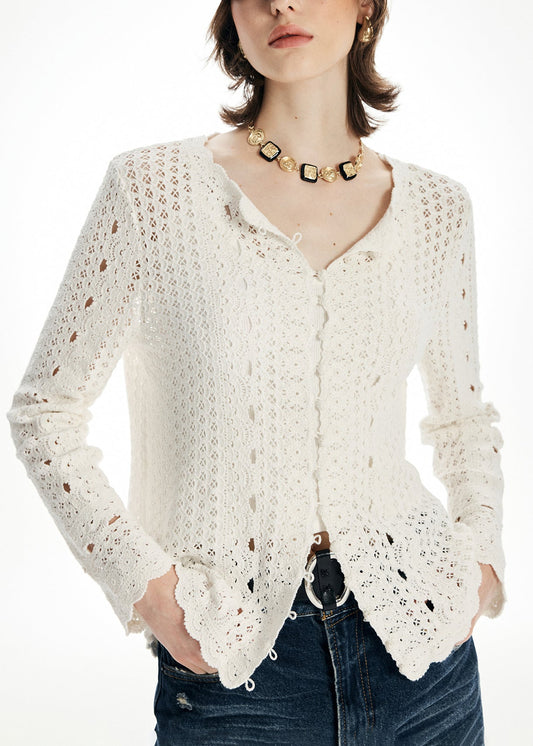 Elegant Beige O Neck Hollow Out Knit Cardigan Fall