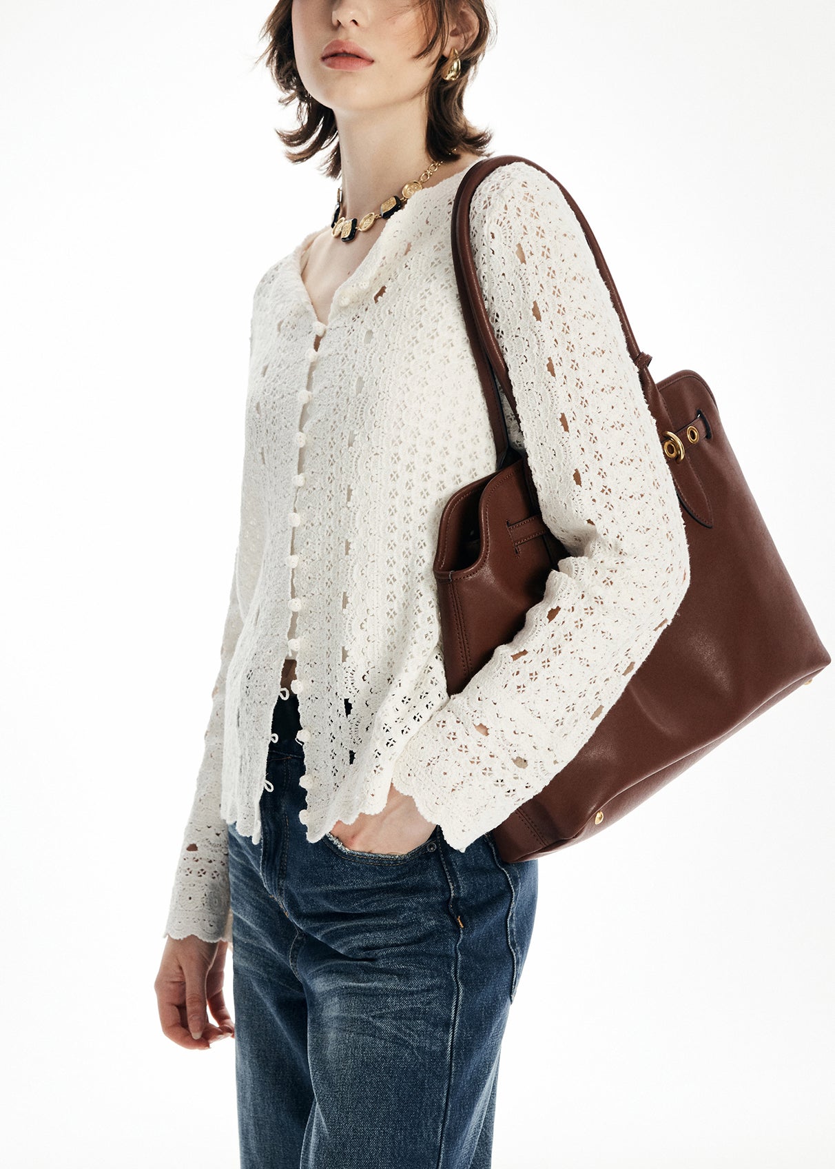Elegant Beige O Neck Hollow Out Knit Cardigan Fall
