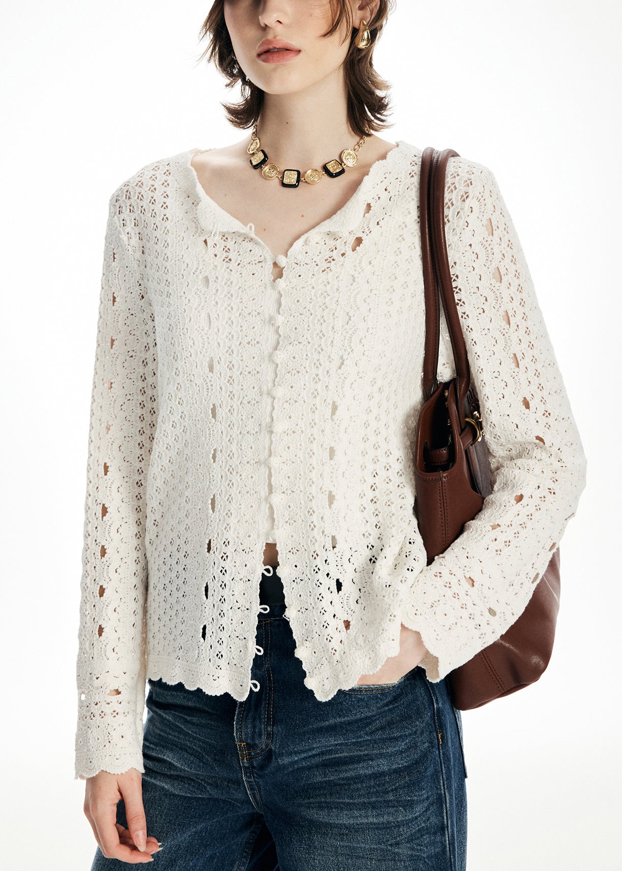 Elegant Beige O Neck Hollow Out Knit Cardigan Fall