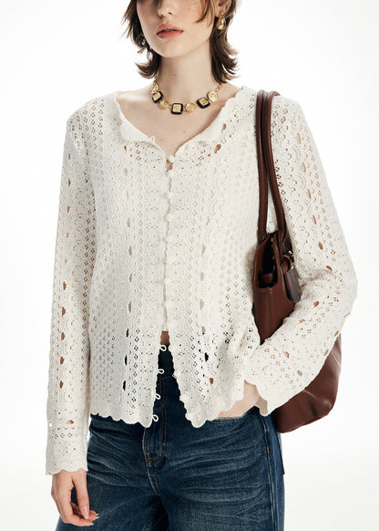 Elegant Beige O Neck Hollow Out Knit Cardigan Fall