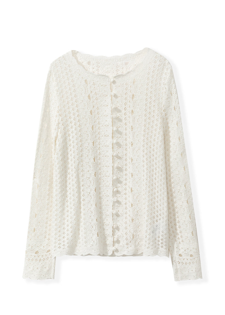 Elegant Beige O Neck Hollow Out Knit Cardigan Fall
