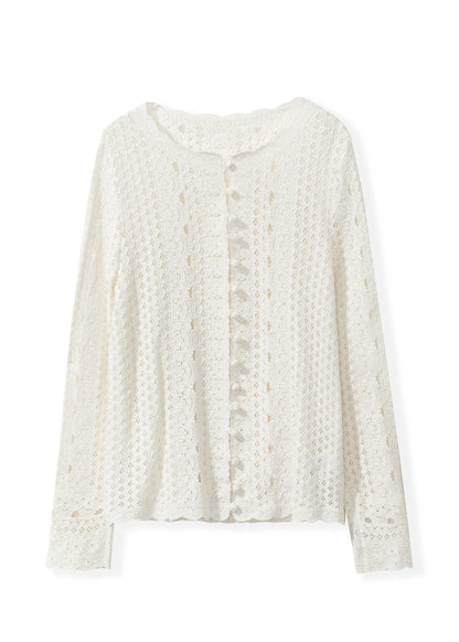 Elegant Beige O Neck Hollow Out Knit Cardigan Fall